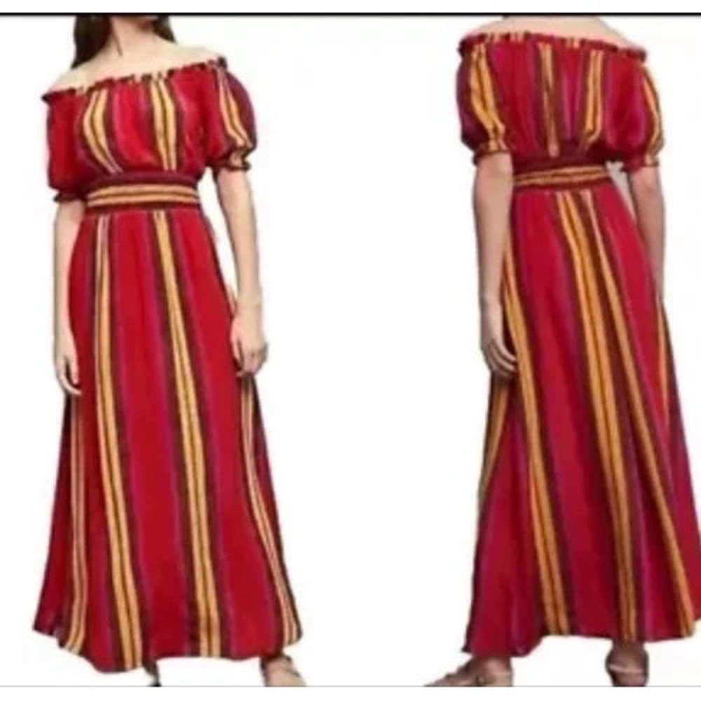 Anupamaa Tesni Silk Maxi Dress Anthropologie Red Streiped Off Shoulder Sizeâ XS